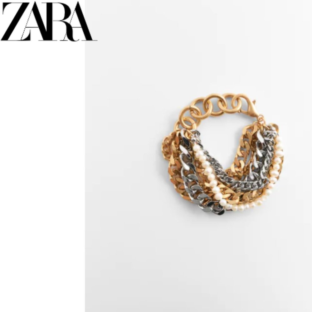 Zara Pearl and Metal Chain Layered Bracelet
